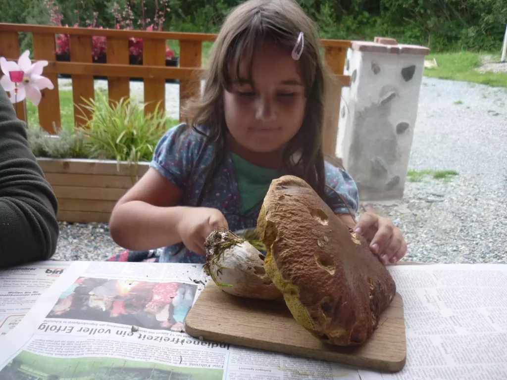 Kind sitzt draußen an einem Tisch mit zwei großen Steinpilzen auf einem Holzbrett vor sich, im Hintergrund Garten und