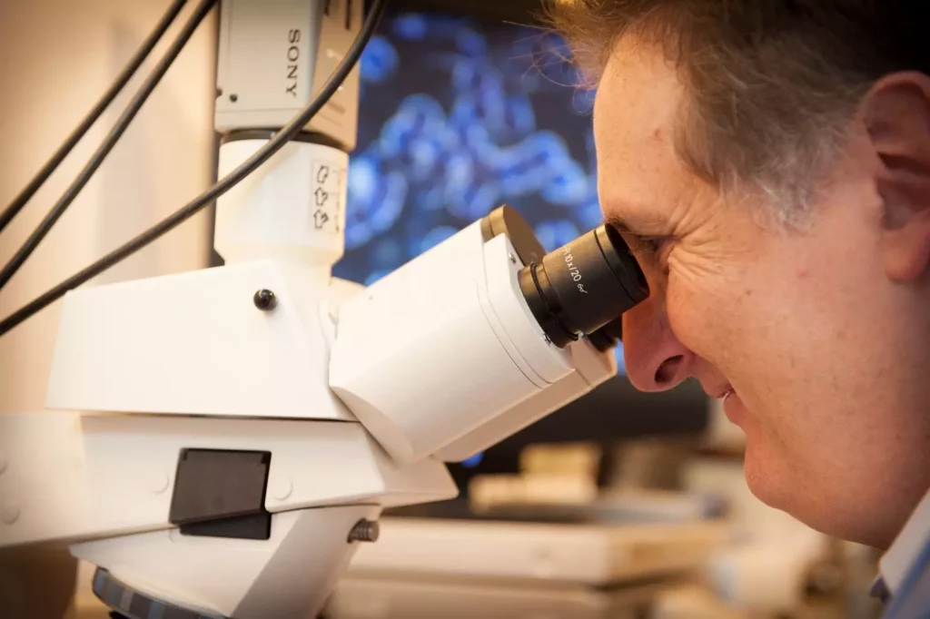 Mann blickt durch ein Mikroskop mit Sony-Logo, unscharfer Hintergrund mit blauen Strukturen sichtbar